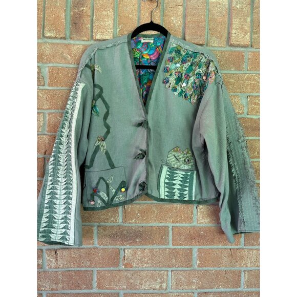Handmade Green Boho Kimono Jacket With Colorful Patchwork Applique Details - Picture 1 of 13